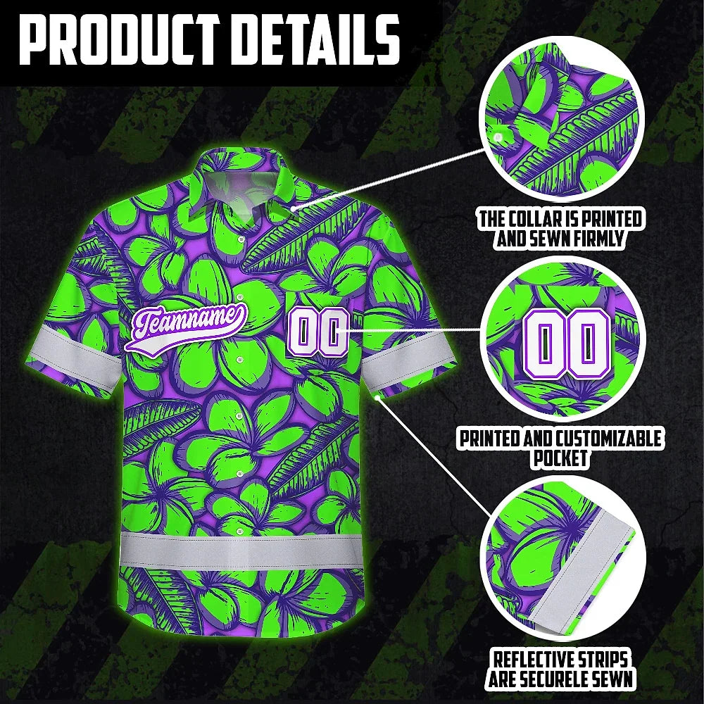 Hi Vis Team Hawaiian Shirt Reflective Tapes Green Violet Flower Custom Name And Number Safety Workwear For Baseball Team Workers, Truckers, Operators