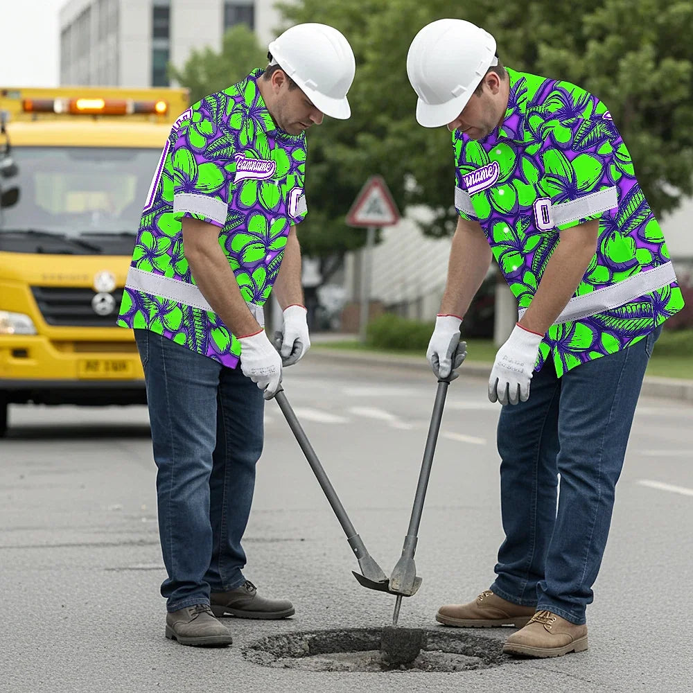 Hi Vis Team Hawaiian Shirt Reflective Tapes Green Violet Flower Custom Name And Number Safety Workwear For Baseball Team Workers, Truckers, Operators