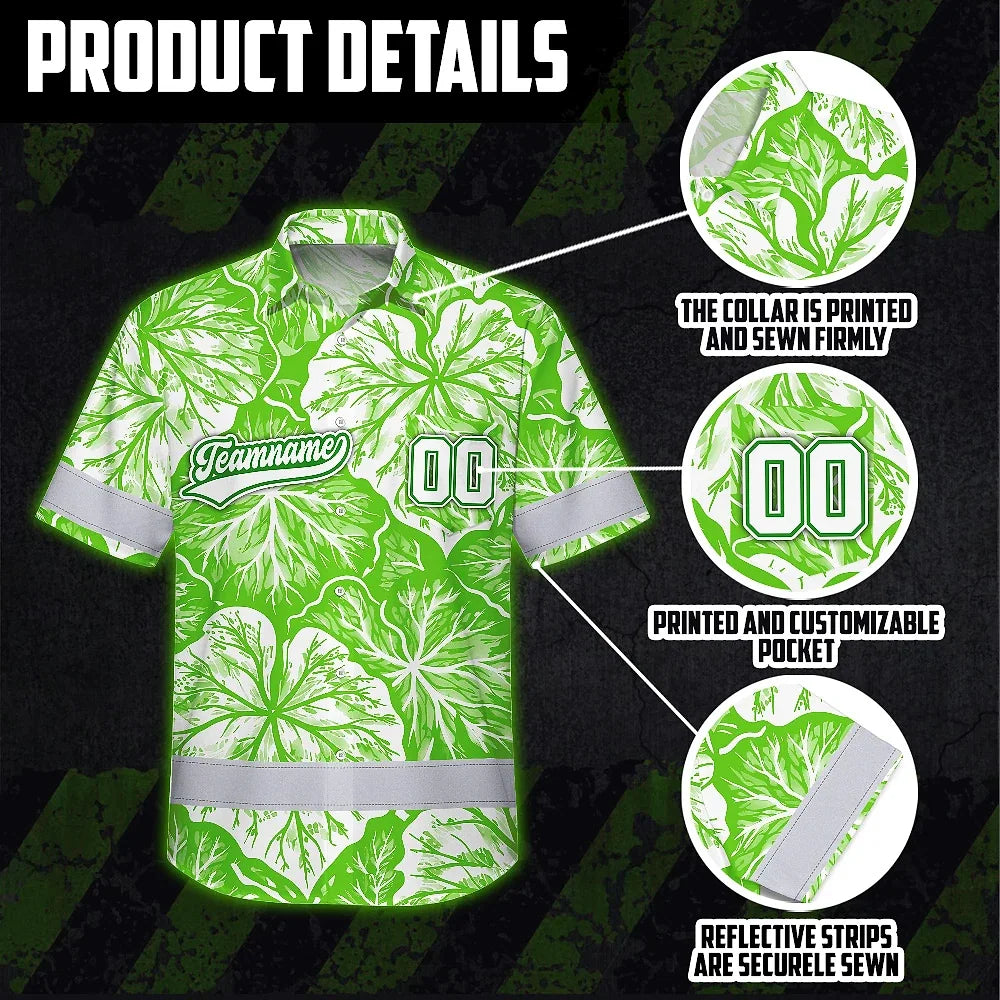 Hi Vis Team Hawaiian Shirt Reflective Tapes Green White Leaf Custom Name And Number Safety Workwear For Baseball Team Workers, Truckers, Operators