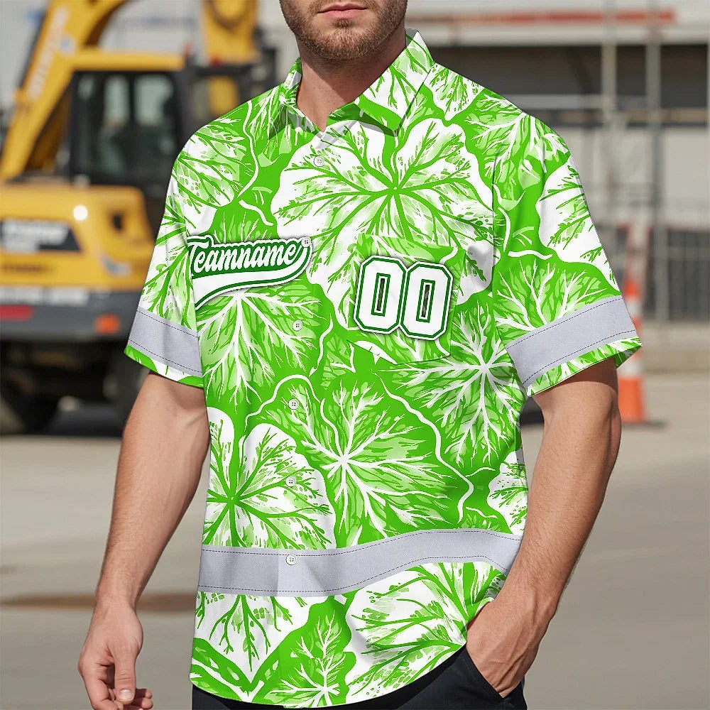 Hi Vis Team Hawaiian Shirt Reflective Tapes Green White Leaf Custom Name And Number Safety Workwear For Baseball Team Workers, Truckers, Operators