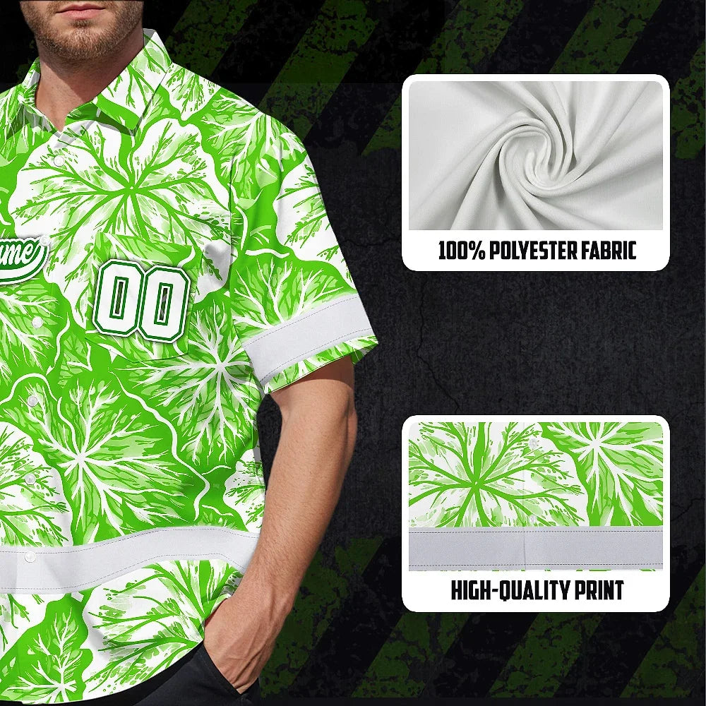 Hi Vis Team Hawaiian Shirt Reflective Tapes Green White Leaf Custom Name And Number Safety Workwear For Baseball Team Workers, Truckers, Operators