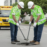 Hi Vis Team Hawaiian Shirt Reflective Tapes Green White Leaf Custom Name And Number Safety Workwear For Baseball Team Workers, Truckers, Operators