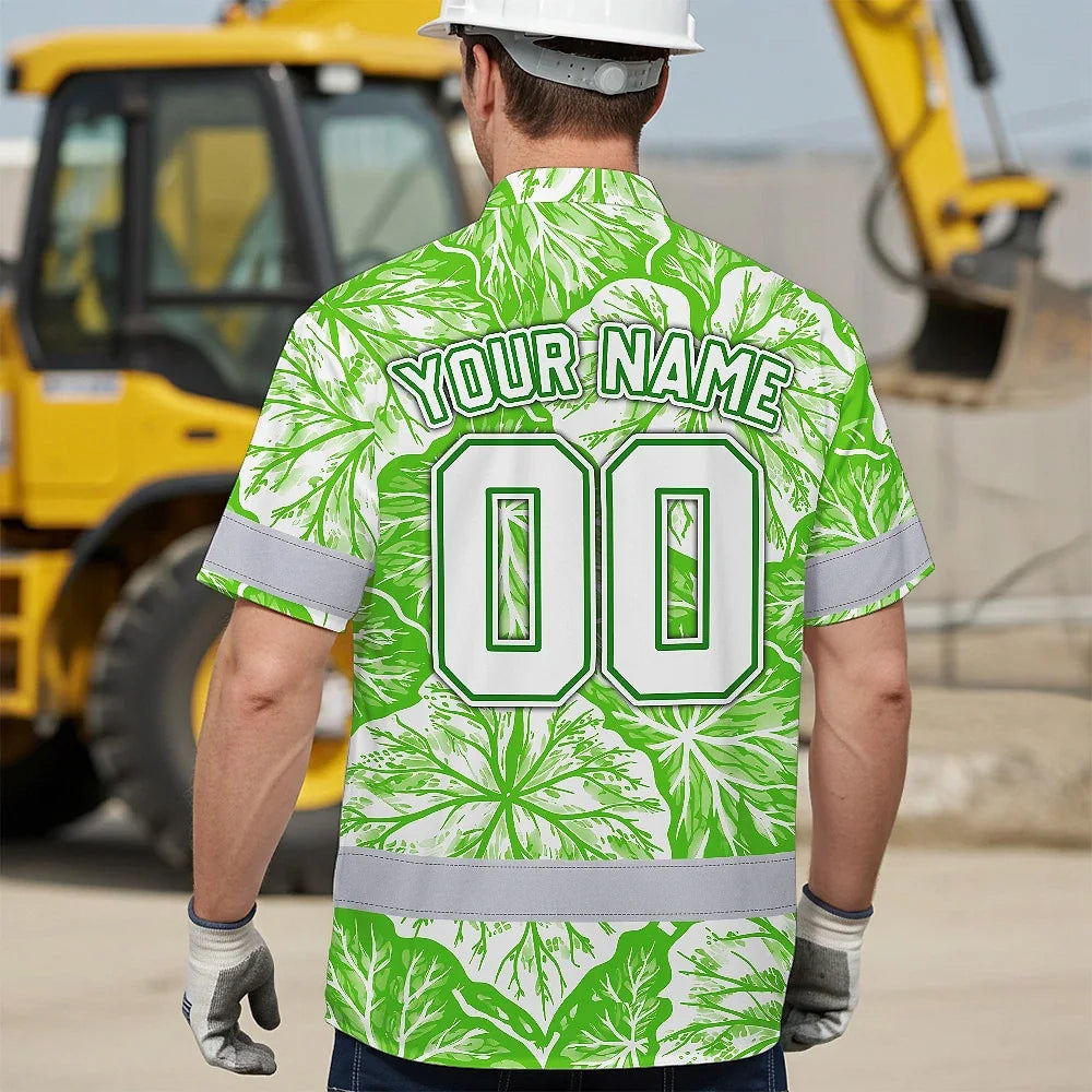 Hi Vis Team Hawaiian Shirt Reflective Tapes Green White Leaf Custom Name And Number Safety Workwear For Baseball Team Workers, Truckers, Operators