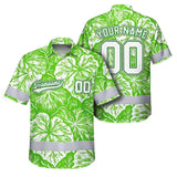 Hi Vis Team Hawaiian Shirt Reflective Tapes Green White Leaf Custom Name And Number Safety Workwear For Baseball Team Workers, Truckers, Operators