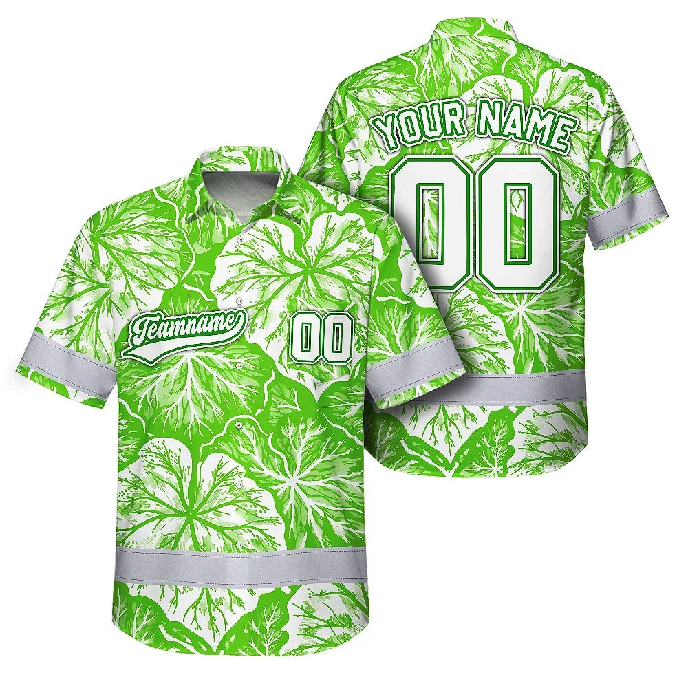 Hi Vis Team Hawaiian Shirt Reflective Tapes Green White Leaf Custom Name And Number Safety Workwear For Baseball Team Workers, Truckers, Operators