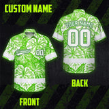Hi Vis Team Hawaiian Shirt Reflective Tapes Green White Leaf Custom Name And Number Safety Workwear For Baseball Team Workers, Truckers, Operators