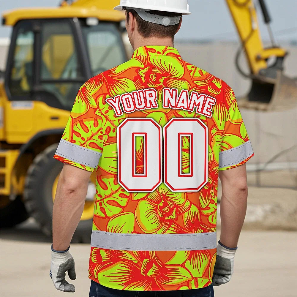 Hi Vis Team Hawaiian Shirt Reflective Tapes Lime Orange Orchid Custom Name And Number Safety Workwear For Baseball Team Workers, Truckers, Operators