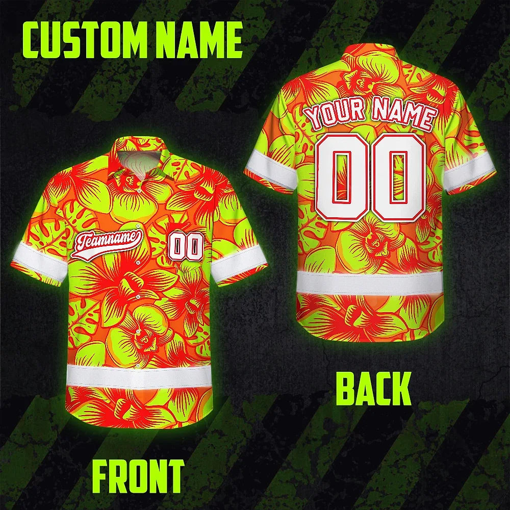 Hi Vis Team Hawaiian Shirt Reflective Tapes Lime Orange Orchid Custom Name And Number Safety Workwear For Baseball Team Workers, Truckers, Operators