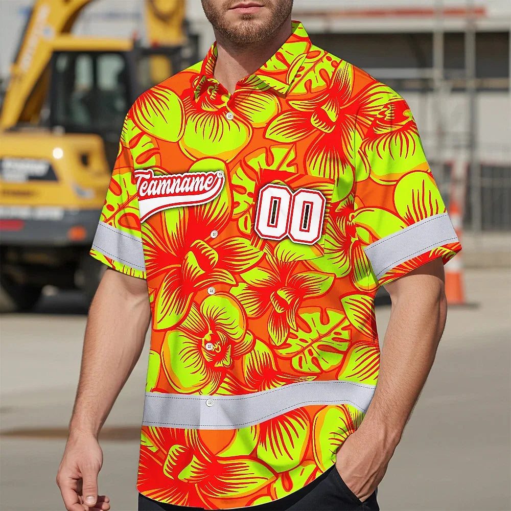 Hi Vis Team Hawaiian Shirt Reflective Tapes Lime Orange Orchid Custom Name And Number Safety Workwear For Baseball Team Workers, Truckers, Operators