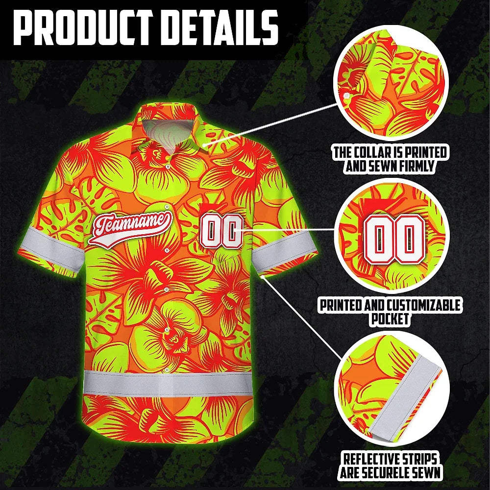 Hi Vis Team Hawaiian Shirt Reflective Tapes Lime Orange Orchid Custom Name And Number Safety Workwear For Baseball Team Workers, Truckers, Operators