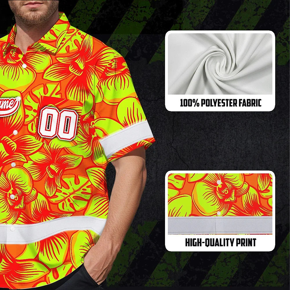 Hi Vis Team Hawaiian Shirt Reflective Tapes Lime Orange Orchid Custom Name And Number Safety Workwear For Baseball Team Workers, Truckers, Operators