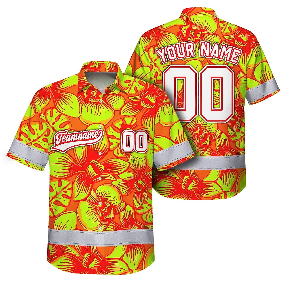 Hi Vis Team Hawaiian Shirt Reflective Tapes Lime Orange Orchid Custom Name And Number Safety Workwear For Baseball Team Workers, Truckers, Operators