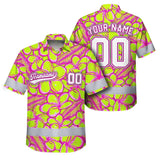 Hi Vis Team Hawaiian Shirt Reflective Tapes Lime Pink Flower Custom Name And Number Safety Workwear For Baseball Team Workers, Truckers, Operators