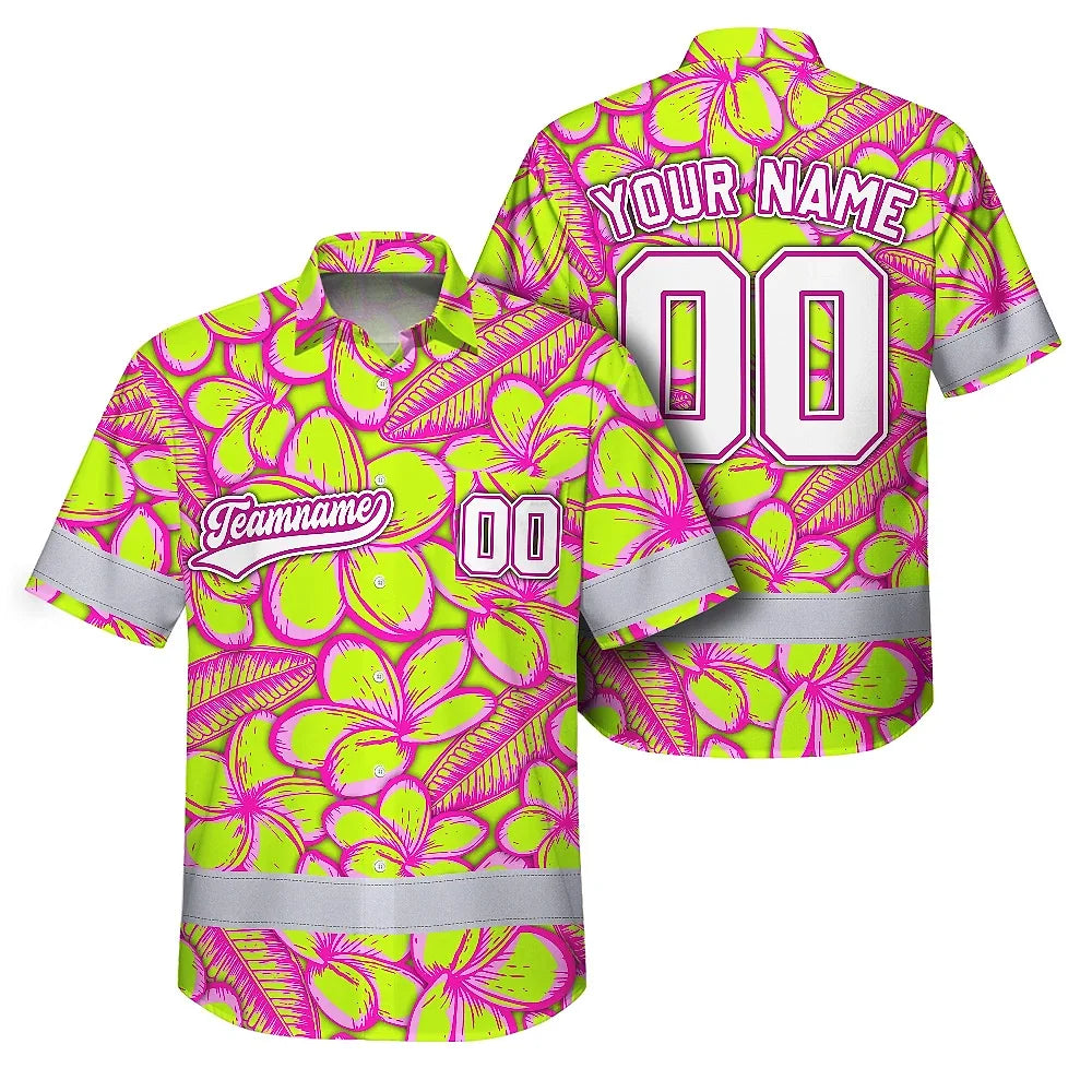 Hi Vis Team Hawaiian Shirt Reflective Tapes Lime Pink Flower Custom Name And Number Safety Workwear For Baseball Team Workers, Truckers, Operators