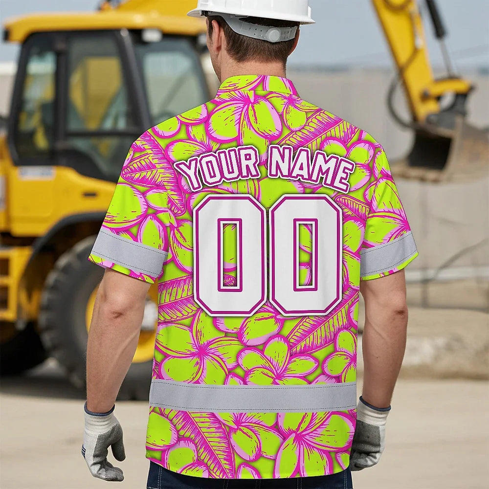 Hi Vis Team Hawaiian Shirt Reflective Tapes Lime Pink Flower Custom Name And Number Safety Workwear For Baseball Team Workers, Truckers, Operators