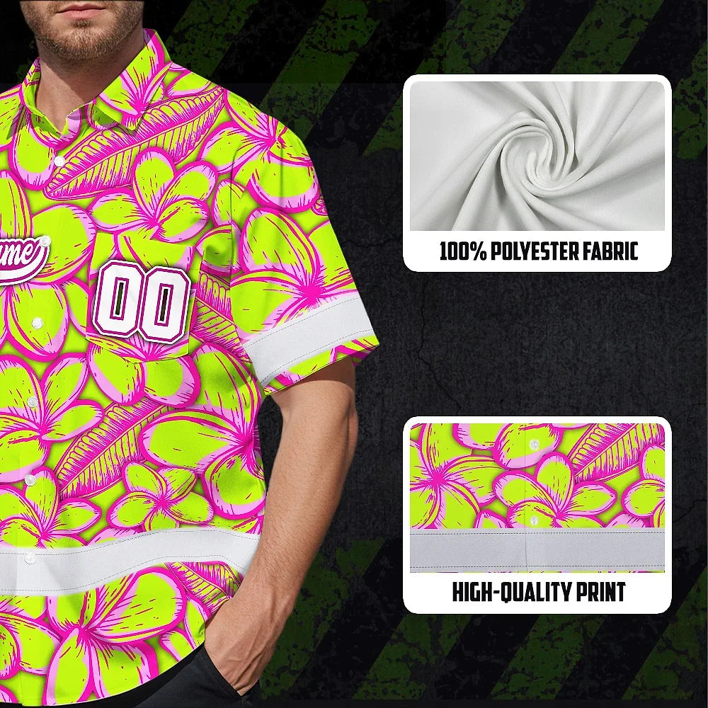 Hi Vis Team Hawaiian Shirt Reflective Tapes Lime Pink Flower Custom Name And Number Safety Workwear For Baseball Team Workers, Truckers, Operators
