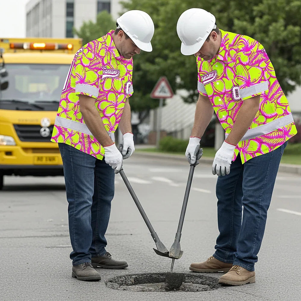 Hi Vis Team Hawaiian Shirt Reflective Tapes Lime Pink Flower Custom Name And Number Safety Workwear For Baseball Team Workers, Truckers, Operators