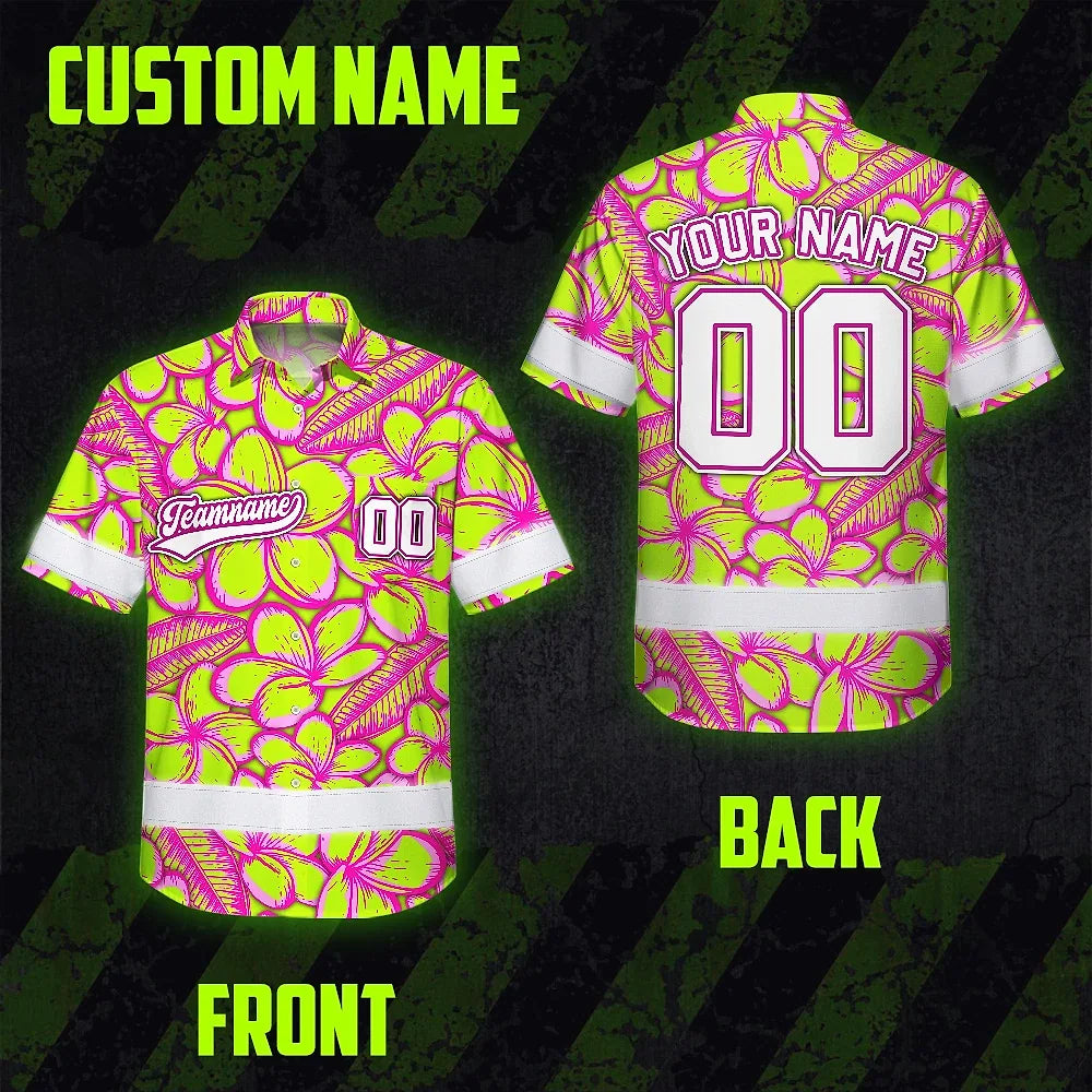 Hi Vis Team Hawaiian Shirt Reflective Tapes Lime Pink Flower Custom Name And Number Safety Workwear For Baseball Team Workers, Truckers, Operators