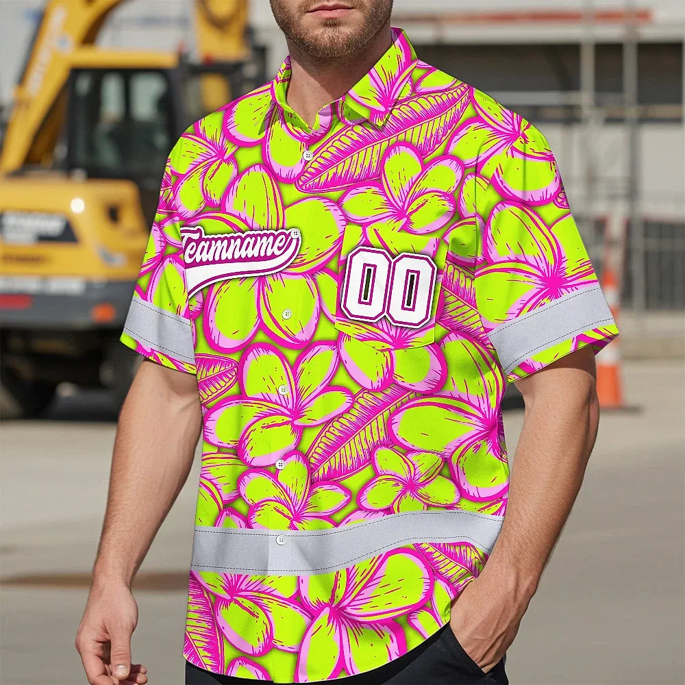 Hi Vis Team Hawaiian Shirt Reflective Tapes Lime Pink Flower Custom Name And Number Safety Workwear For Baseball Team Workers, Truckers, Operators