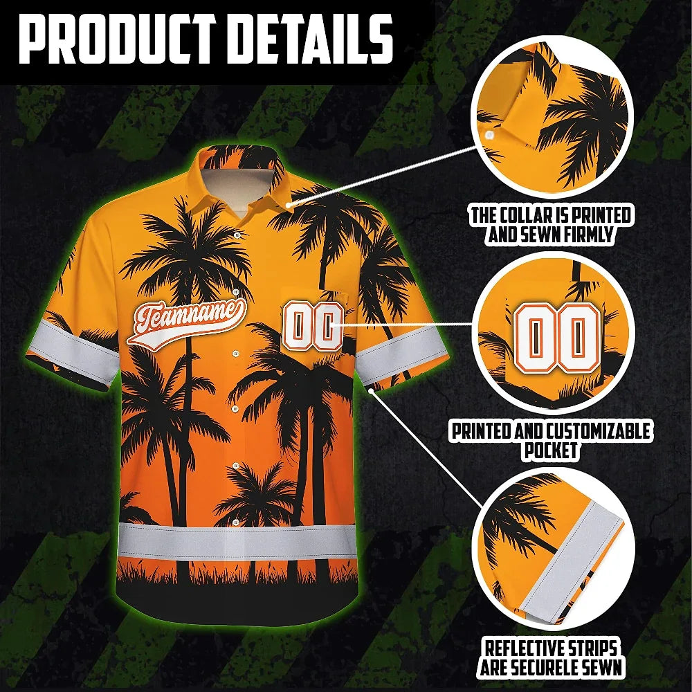 Hi Vis Team Hawaiian Shirt Reflective Tapes Orange Black Flower Custom Name And Number Safety Workwear For Baseball Team Workers, Truckers, Operators