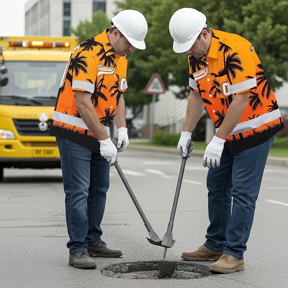 Hi Vis Team Hawaiian Shirt Reflective Tapes Orange Black Flower Custom Name And Number Safety Workwear For Baseball Team Workers, Truckers, Operators
