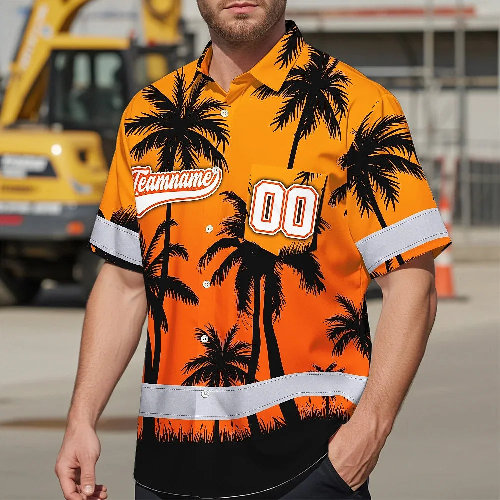 Hi Vis Team Hawaiian Shirt Reflective Tapes Orange Black Flower Custom Name And Number Safety Workwear For Baseball Team Workers, Truckers, Operators