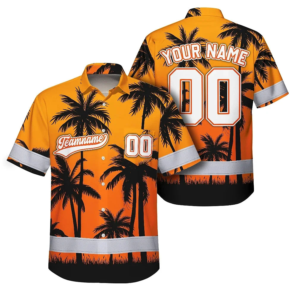 Hi Vis Team Hawaiian Shirt Reflective Tapes Orange Black Flower Custom Name And Number Safety Workwear For Baseball Team Workers, Truckers, Operators