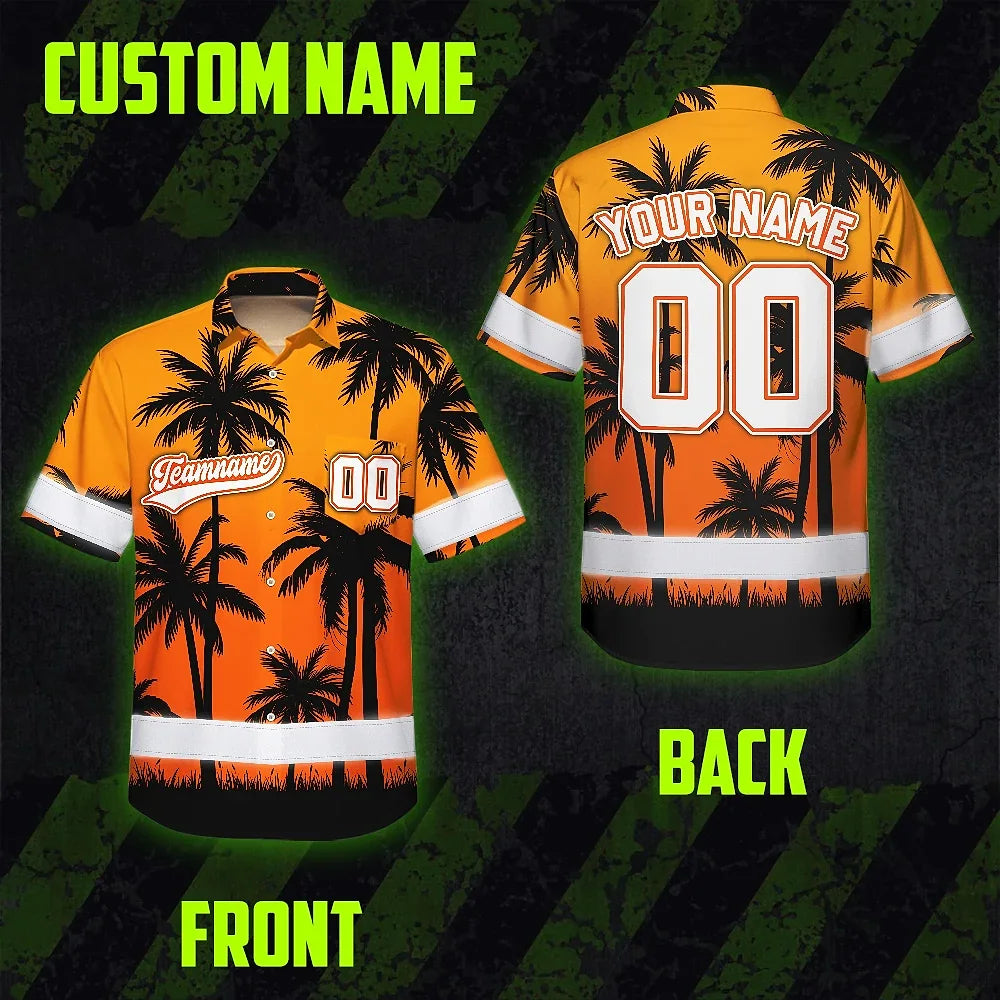 Hi Vis Team Hawaiian Shirt Reflective Tapes Orange Black Flower Custom Name And Number Safety Workwear For Baseball Team Workers, Truckers, Operators