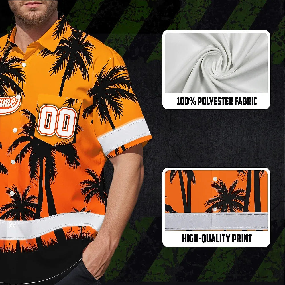 Hi Vis Team Hawaiian Shirt Reflective Tapes Orange Black Flower Custom Name And Number Safety Workwear For Baseball Team Workers, Truckers, Operators