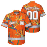 Hi Vis Team Hawaiian Shirt Reflective Tapes Orange Flower Custom Name And Number Safety Workwear For Baseball Team Workers, Truckers, Operators