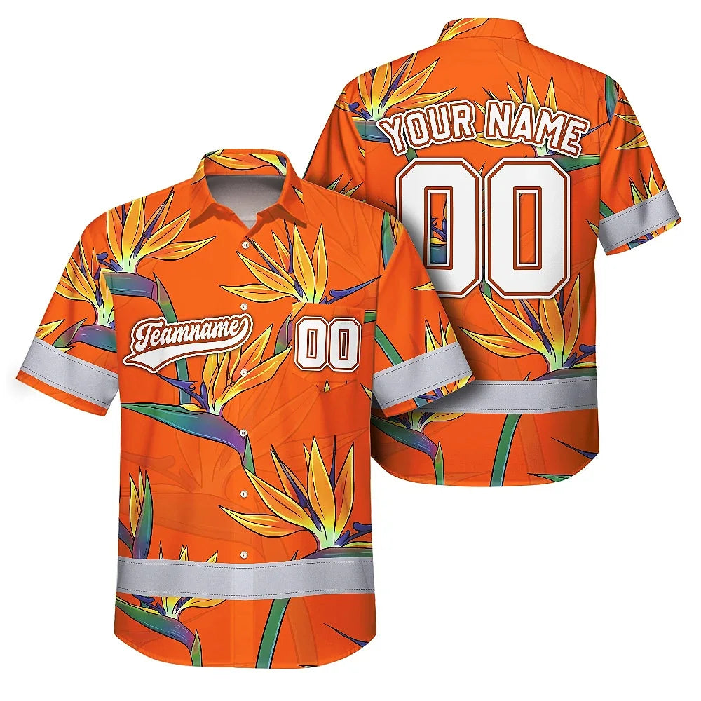 Hi Vis Team Hawaiian Shirt Reflective Tapes Orange Flower Custom Name And Number Safety Workwear For Baseball Team Workers, Truckers, Operators