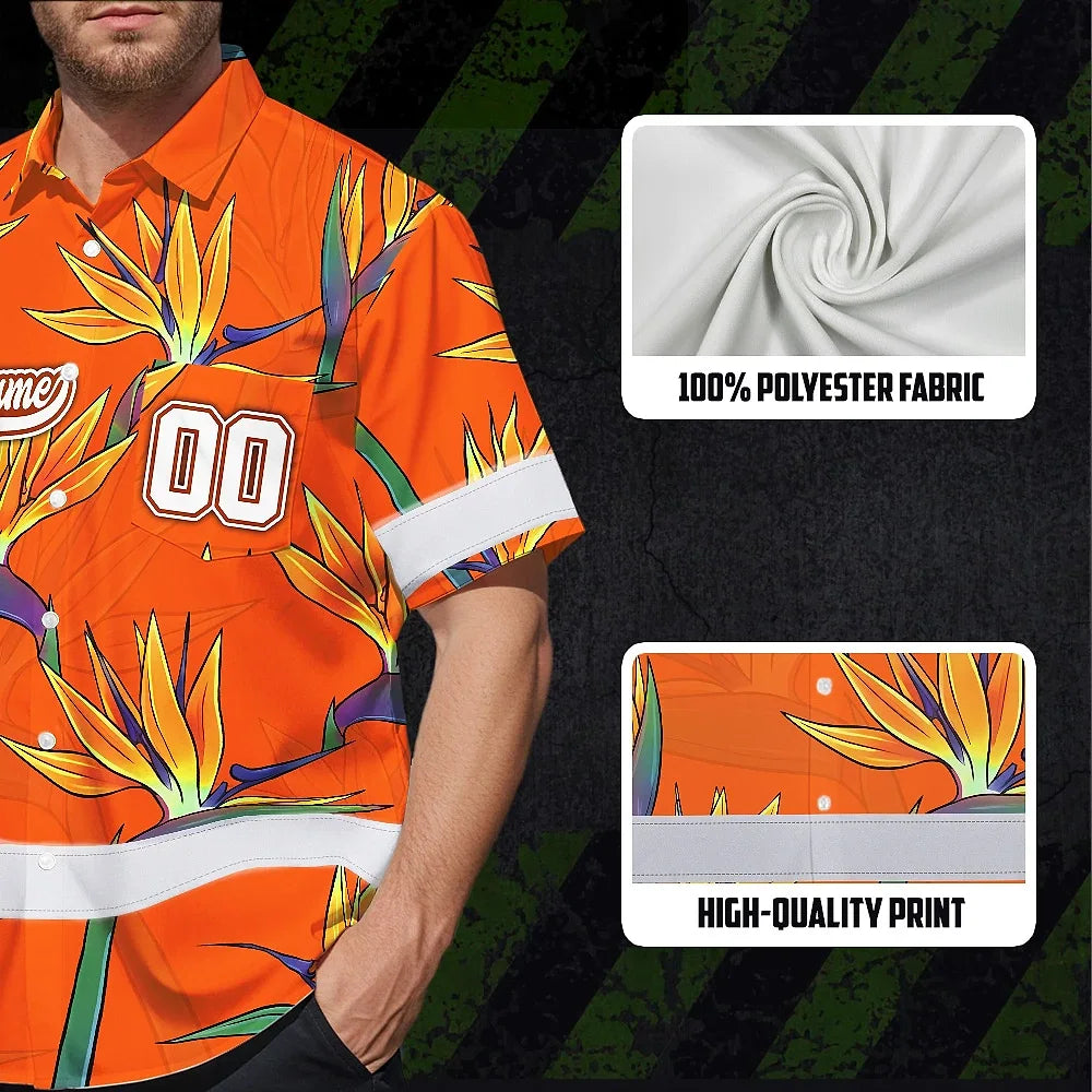 Hi Vis Team Hawaiian Shirt Reflective Tapes Orange Flower Custom Name And Number Safety Workwear For Baseball Team Workers, Truckers, Operators