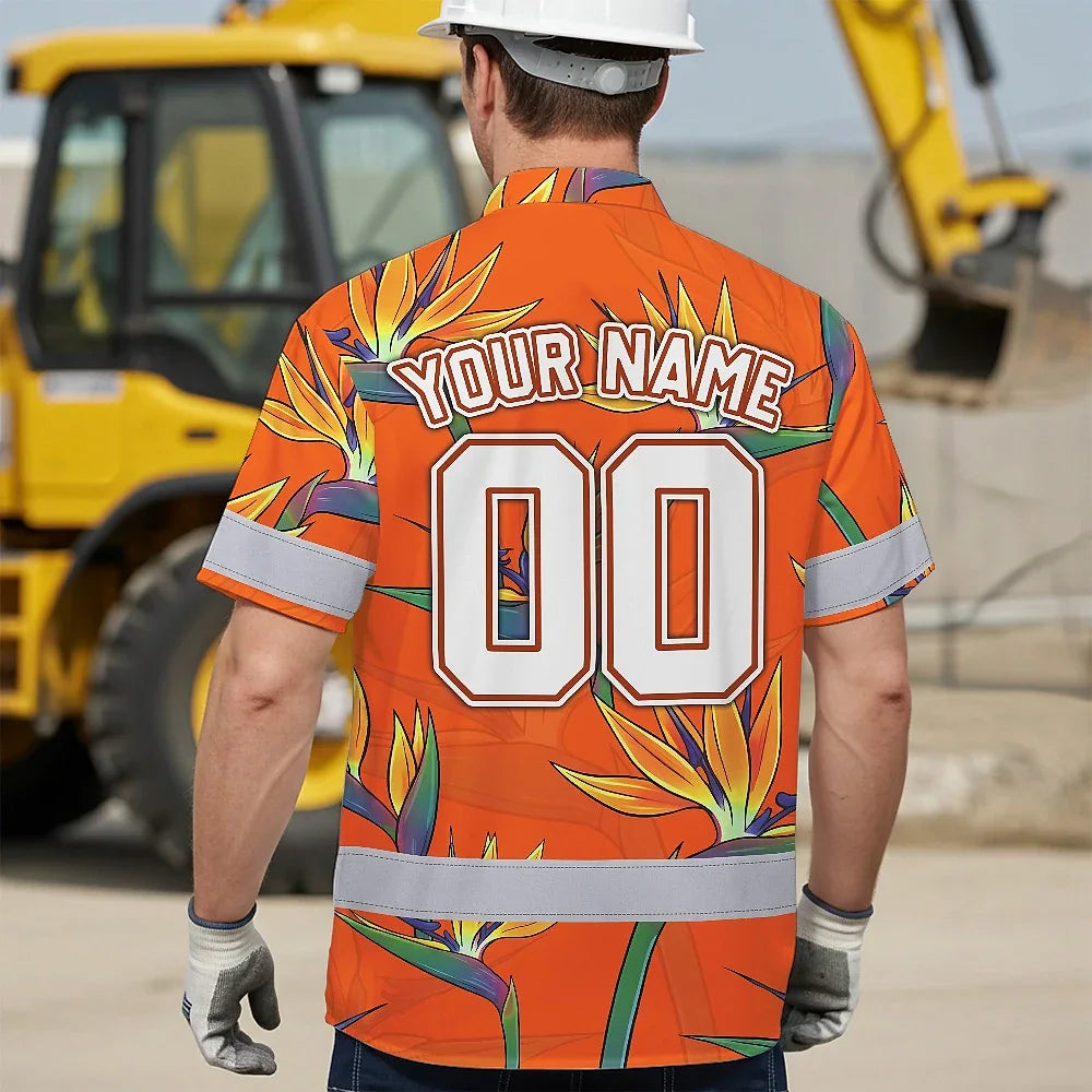 Hi Vis Team Hawaiian Shirt Reflective Tapes Orange Flower Custom Name And Number Safety Workwear For Baseball Team Workers, Truckers, Operators