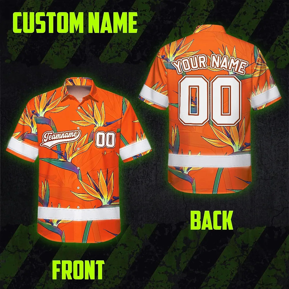 Hi Vis Team Hawaiian Shirt Reflective Tapes Orange Flower Custom Name And Number Safety Workwear For Baseball Team Workers, Truckers, Operators