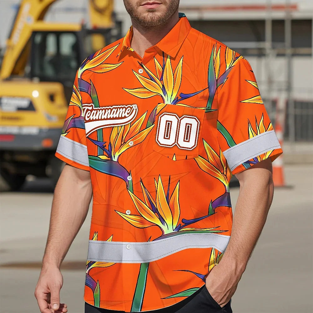 Hi Vis Team Hawaiian Shirt Reflective Tapes Orange Flower Custom Name And Number Safety Workwear For Baseball Team Workers, Truckers, Operators