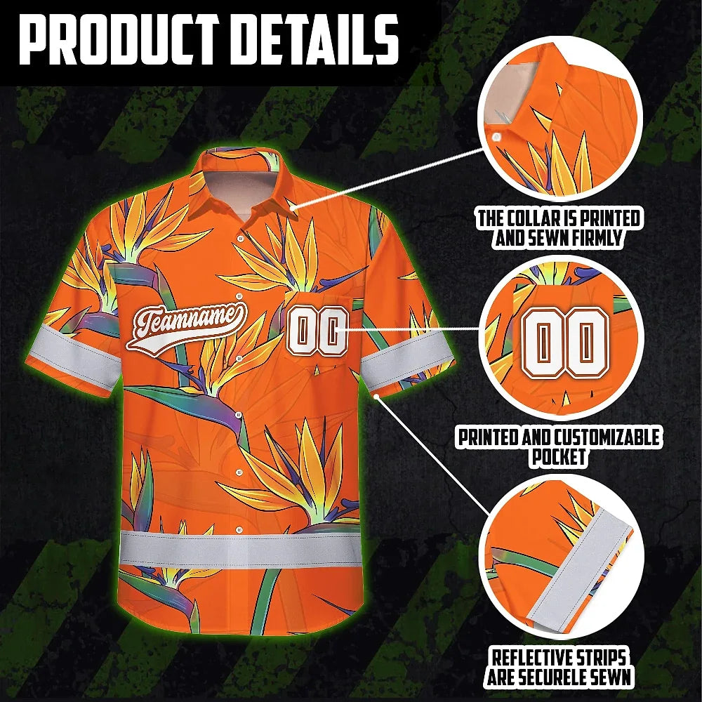 Hi Vis Team Hawaiian Shirt Reflective Tapes Orange Flower Custom Name And Number Safety Workwear For Baseball Team Workers, Truckers, Operators