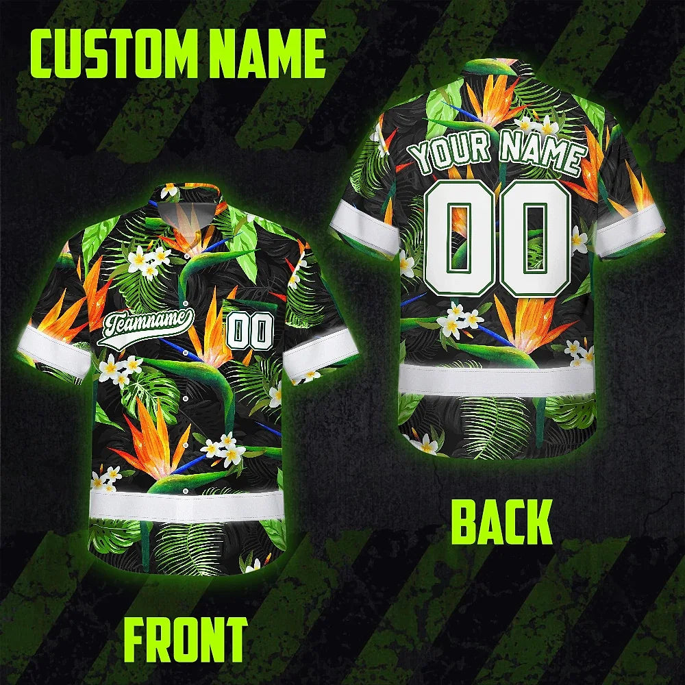 Hi Vis Team Hawaiian Shirt Reflective Tapes Orange Flowers Custom Name And Number Safety Workwear For Workers, Truckers, Operators