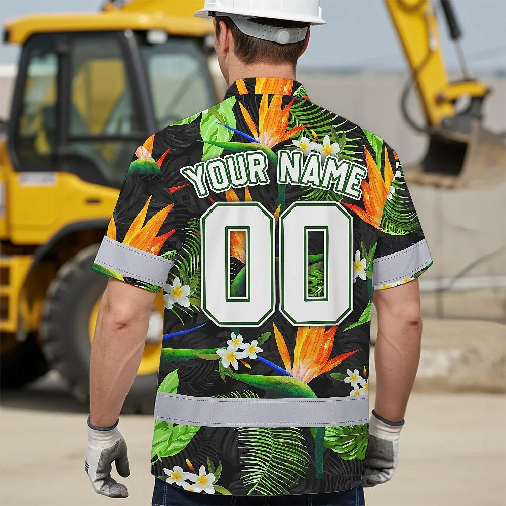 Hi Vis Team Hawaiian Shirt Reflective Tapes Orange Flowers Custom Name And Number Safety Workwear For Workers, Truckers, Operators