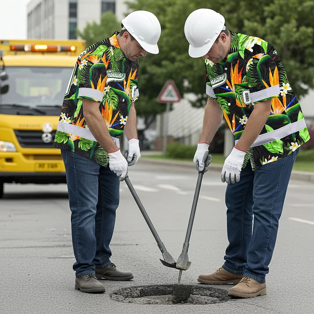 Hi Vis Team Hawaiian Shirt Reflective Tapes Orange Flowers Custom Name And Number Safety Workwear For Workers, Truckers, Operators