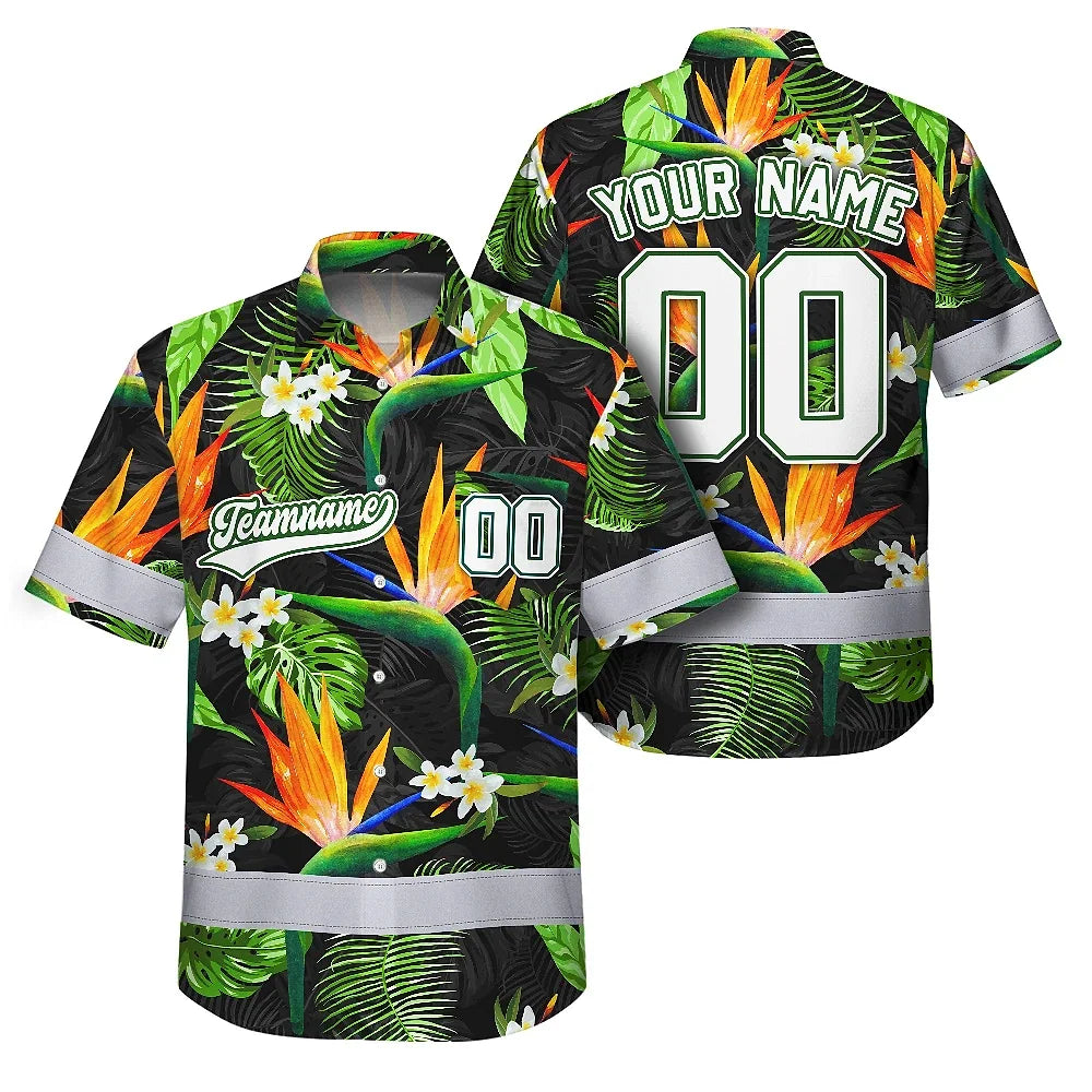 Hi Vis Team Hawaiian Shirt Reflective Tapes Orange Flowers Custom Name And Number Safety Workwear For Workers, Truckers, Operators