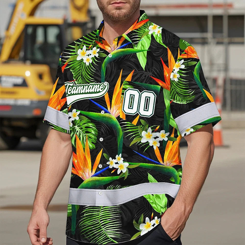 Hi Vis Team Hawaiian Shirt Reflective Tapes Orange Flowers Custom Name And Number Safety Workwear For Workers, Truckers, Operators