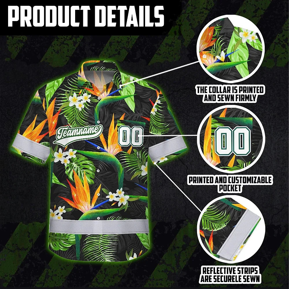 Hi Vis Team Hawaiian Shirt Reflective Tapes Orange Flowers Custom Name And Number Safety Workwear For Workers, Truckers, Operators