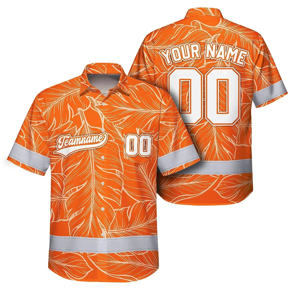 Hi Vis Team Hawaiian Shirt Reflective Tapes Orange Leaf Custom Name And Number Safety Workwear For Workers, Truckers, Operators