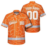 Hi Vis Team Hawaiian Shirt Reflective Tapes Orange Leaf Custom Name And Number Safety Workwear For Workers, Truckers, Operators