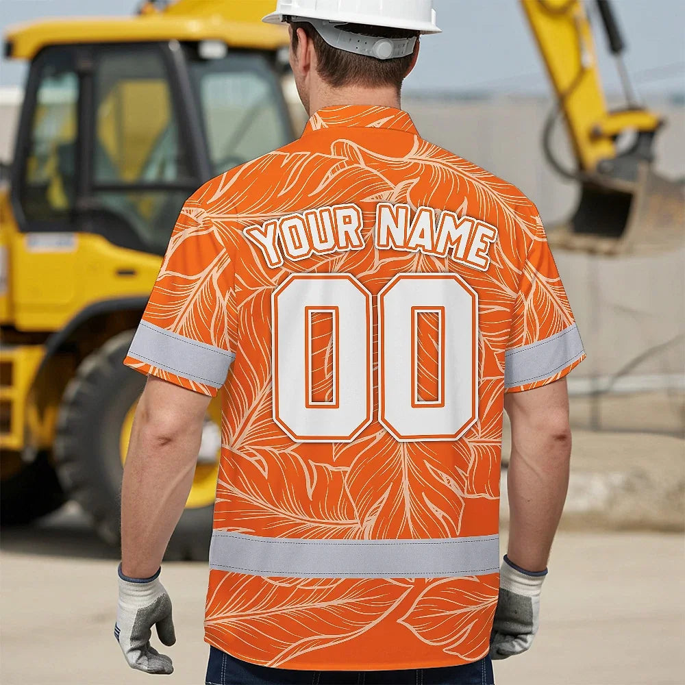 Hi Vis Team Hawaiian Shirt Reflective Tapes Orange Leaf Custom Name And Number Safety Workwear For Workers, Truckers, Operators
