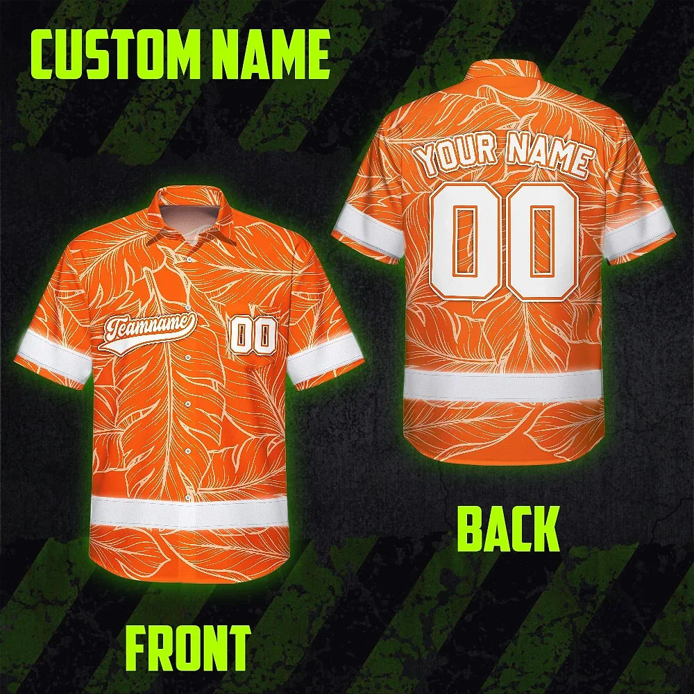Hi Vis Team Hawaiian Shirt Reflective Tapes Orange Leaf Custom Name And Number Safety Workwear For Workers, Truckers, Operators