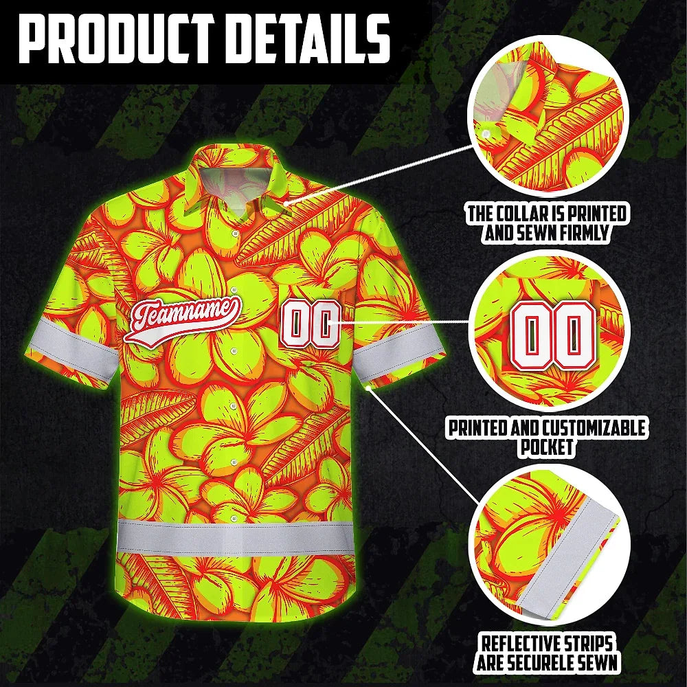 Hi Vis Team Hawaiian Shirt Reflective Tapes Orange Lime Flower Custom Name And Number Safety Workwear For Baseball Team Workers, Truckers, Operators
