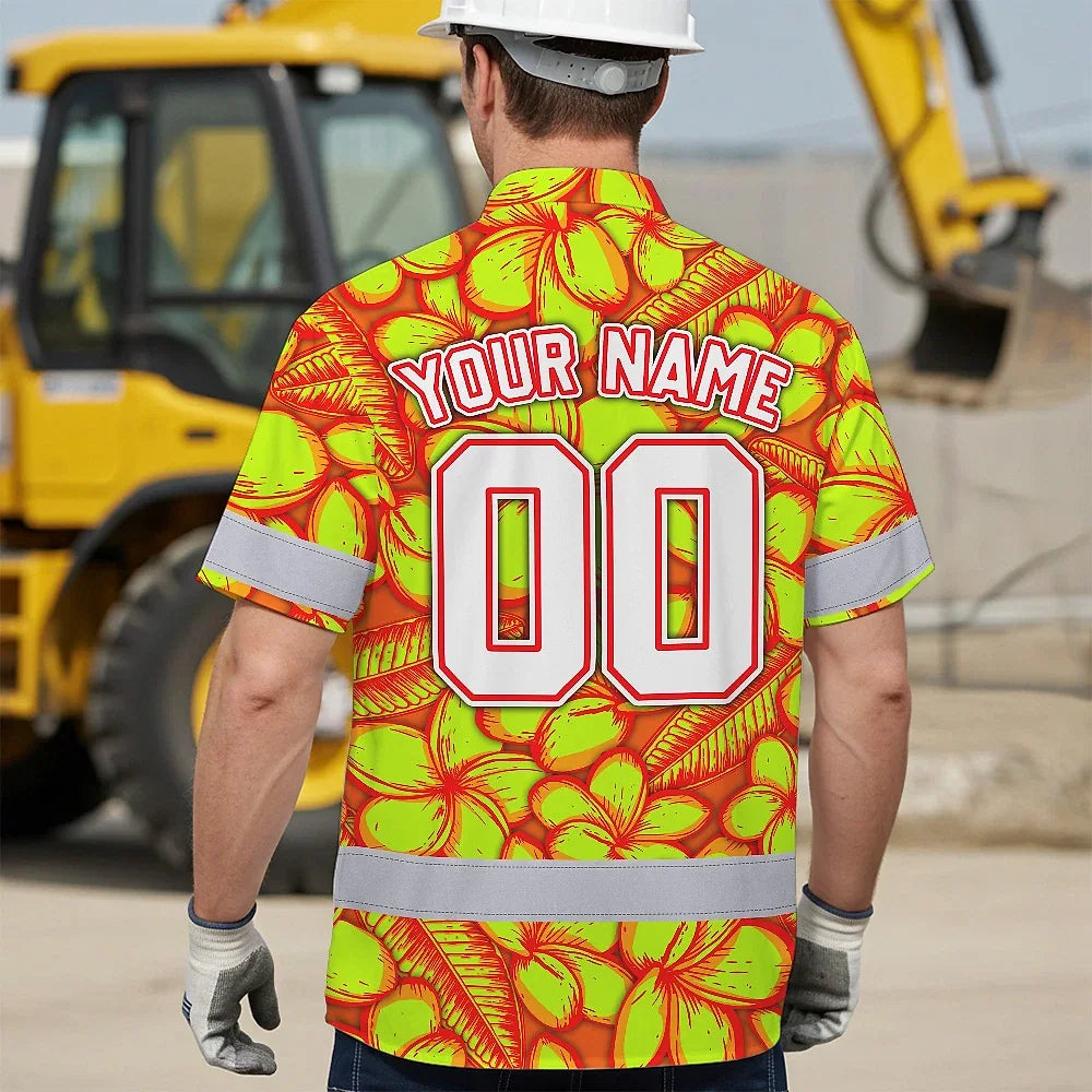 Hi Vis Team Hawaiian Shirt Reflective Tapes Orange Lime Flower Custom Name And Number Safety Workwear For Baseball Team Workers, Truckers, Operators
