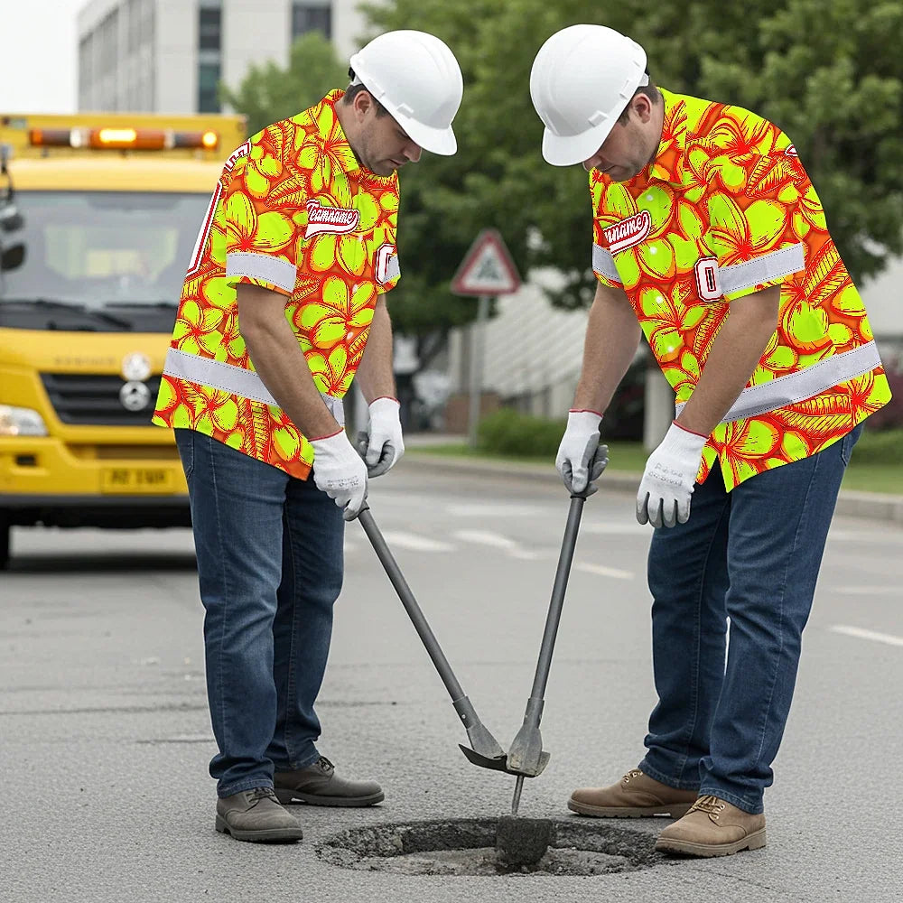 Hi Vis Team Hawaiian Shirt Reflective Tapes Orange Lime Flower Custom Name And Number Safety Workwear For Baseball Team Workers, Truckers, Operators
