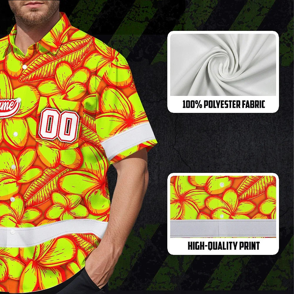 Hi Vis Team Hawaiian Shirt Reflective Tapes Orange Lime Flower Custom Name And Number Safety Workwear For Baseball Team Workers, Truckers, Operators
